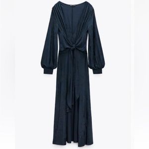 Zara Long Sleeve Blue Jacquard wrap dress